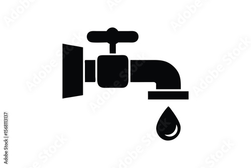 Simple black silhouette icon of a water faucet with a single drop of water falling from the spout against a white background