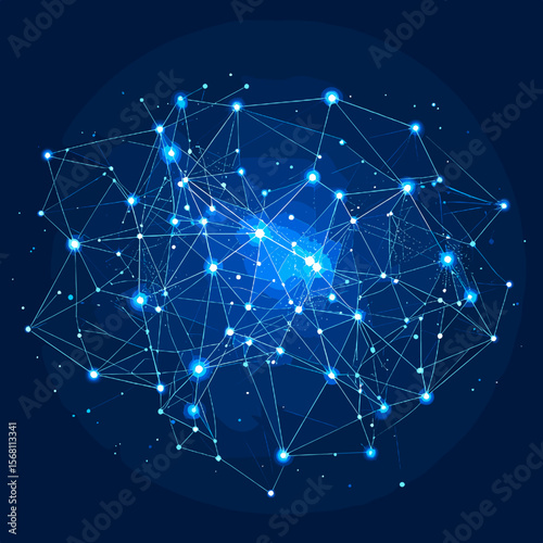 Abstract Network of Interconnected Blue Dots and Lines Creating a Spherical Structure on Dark Blue Background