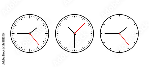 Three minimal clock faces with second hand. Time countdown concept. White round minute and hour dial. Deadline and timer.