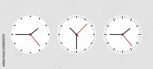 Three vector clock face designs with hour, minute, and second hands. Time concept for deadline and planning.
