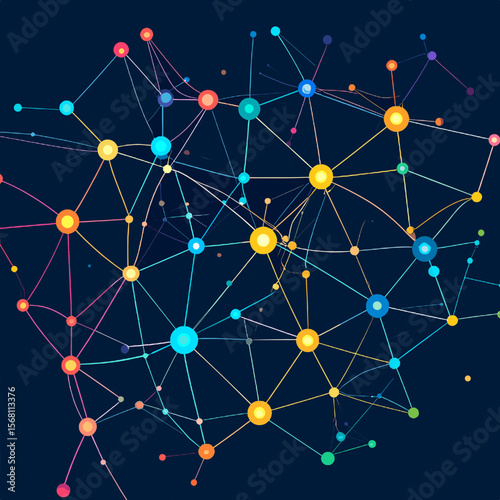 Abstract Network of Interconnected Dots and Lines in a Complex Web on Dark Blue Background Representing Global Connectivity and Technological Advancement