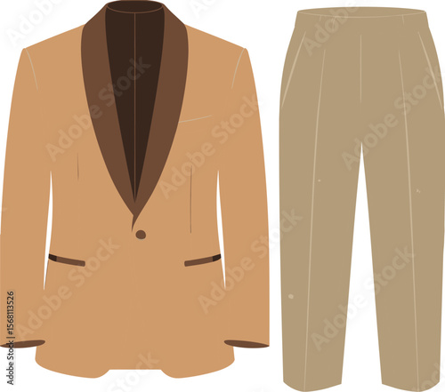 Elegant Tan Tuxedo Jacket and Beige Pants, Minimalist Fashion Illustration for Sophisticated Formal Wear flat vector illustration