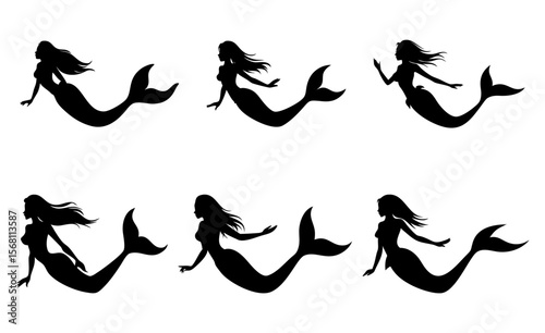 Mermaid Silhouettes Vector Icons Set.
