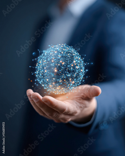 A businessperson in a suit holds a glowing digital network sphere symbolizing global connectivity and technology innovation.
