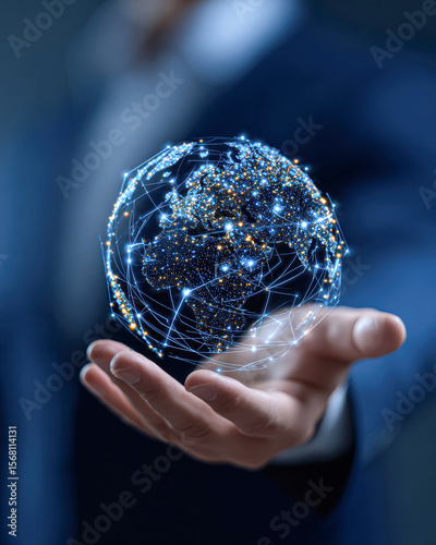 A person in a suit holds a glowing digital globe with interconnected points and lines representing global data networks and connectivity.