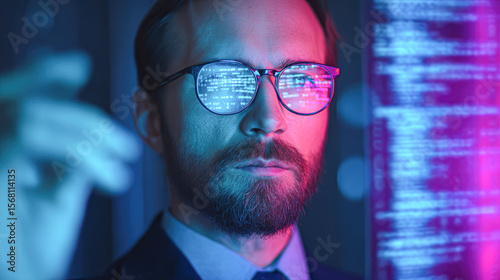 A focused man wearing glasses analyzes glowing code reflected on his lenses in a dark, tech-driven environment illuminated with blue and pink light.