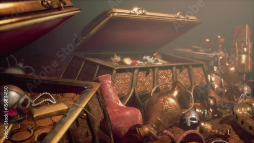 Ancient chests overflowing with glittering gold, jewels, and artifacts reveal the riches hidden within a secret dungeon.