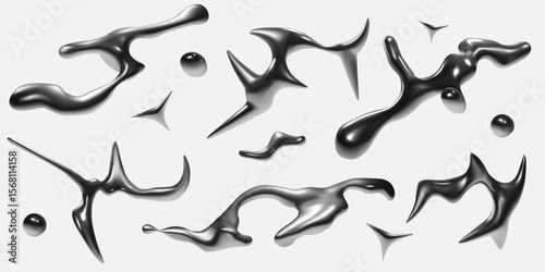 Liquid chrome. Abstract metal Y2k shapes. Silver fluid hologram. Mercury star. Holographic aesthetic figures. Amorphous metallic texture. Asymmetric forms. Vector 3D melt blots set