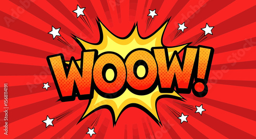 "WOOW" text bursts outwards in a comic book style design, showcasing excitement on a red radial background, using pop art and graphic elements.