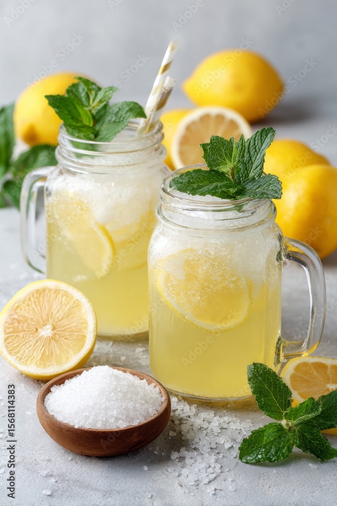 Fototapeta premium Refreshing lemon drink with mint in mason jars on kitchen counter with lemons, refreshing summer concept.
