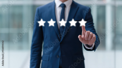 A businessman in a suit selects a five-star rating on a transparent digital interface.