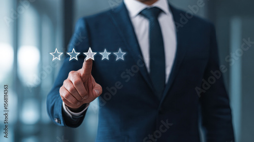 A businessman in a suit selects a three-star rating from a five-star digital interface, symbolizing customer feedback or service evaluation.