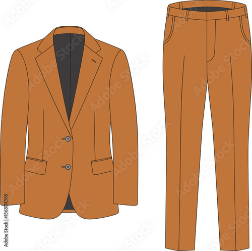 Formal men's brown suit set with blazer and trousers, stylish business outfit, classic design, fashion apparel, vector illustration flat vector illustration