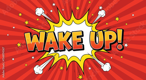 "Wake Up!" explodes in vibrant comic style, conveying a sense of urgency and energy with copy space for bold announcements.