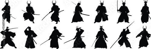 Samurai silhouette vector collection, traditional warrior poses, katana sword combat stance, Japanese culture illustration, martial arts, black outline flat vector illustration