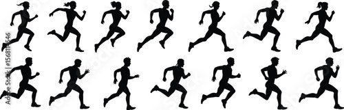 Running silhouette vector pack, male and female runners, fitness motion poses, jogging illustration, black silhouette figures, athletic movement design flat vector illustration