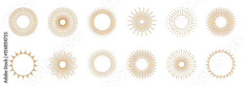 Sun rays. Line circle golden sunbeam, abstract radial sunshine light or art burst. Sunlight, sunburst shine. Round vintage drawing. Frame decorative, outline graphic isolated vector icons