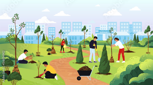 People planting trees in garden. City park volunteers community. Environment conservation. Forest sapling care. Children team volunteering work on farm. Ecology day. Vector background