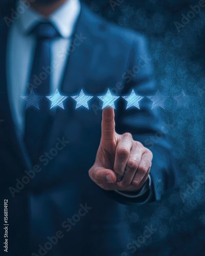 A professional in a suit selects the fourth star in a glowing five-star rating system, symbolizing quality and evaluation.