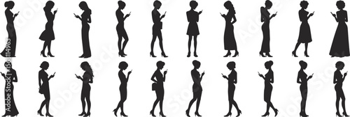 Women silhouette using phone, female figure mobile user, texting posture clipart, elegant lady graphic design, communication technology art flat vector illustration