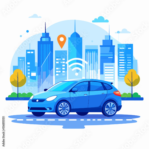 Blue Autonomous Car Navigating City Streets with High Rise Buildings and Yellow Trees Under Cloudy Sky Daytime Urban Scene