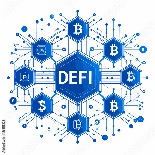 Blue Defi Decentralized Finance Hexagonal Network Diagram with Cryptocurrency Icons on White Background