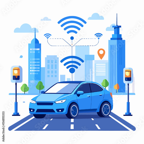Blue Electric Car with Wireless Connectivity Driving Through a Modern Cityscape on a Striped Road Under a Clear Sky