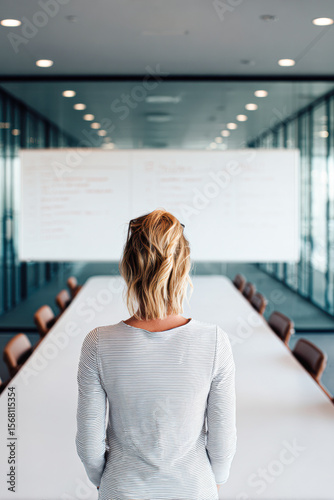 A woman stands alone at the head of a long conference table in a modern office, facing a whiteboard with windows on both sides.