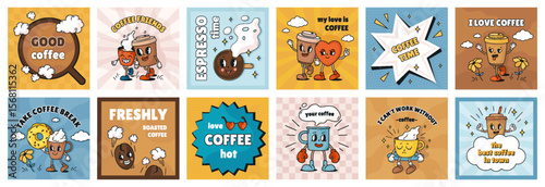Coffee stickers. Retro cartoon poster, cute cafe social media post or shop mascot for art menu design square template. Smile 70s, 90s label. Beverage mascot. Vector cute comic illustration