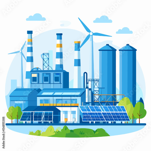 Blue Energy Plant with Wind Turbines and Solar Panels Under Cloudy Sky Renewable Energy Generation and Sustainable Industry in Modern City Landscape