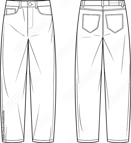 High waist wide leg jeans technical sketch, front and back view, fashion flat design, apparel template, denim pants vector illustration flat vector illustration