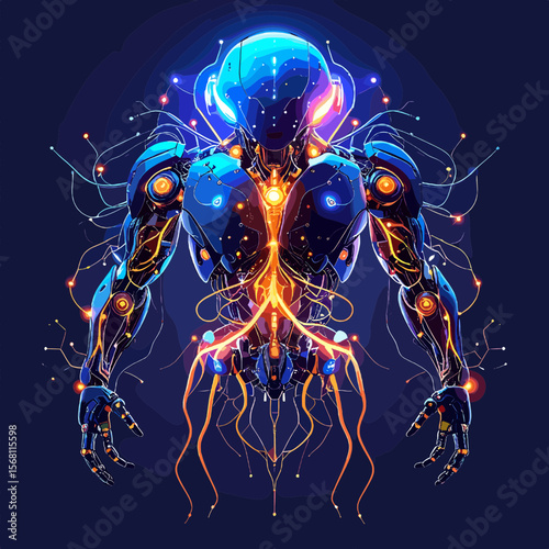 Blue Pixel Art of a Robot with Glowing Orange Circuits and Artificial Intelligence Theme on a Dark Background