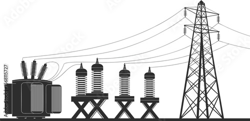 High-Voltage Transmission Line with Transformer and Insulators, Minimalist Engineering Illustration for Power Distribution flat vector illustration