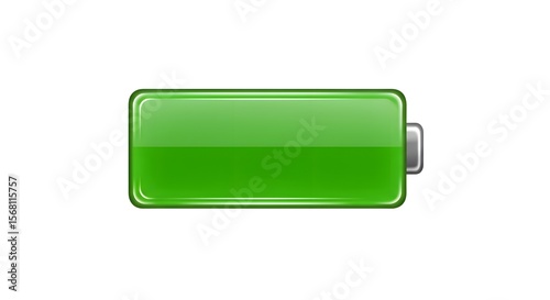 A fully charged battery indicator icon displayed against a white background, showing a green fill representing full power.