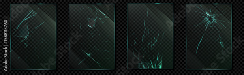 Broken glass. Phone screen crack. Mirror scratch or window break effect. Demolished frame. Transparent crash texture. 3D windshield debris surface with fissures. Vector backgrounds set