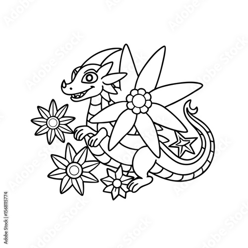 Dragon Catching Blooming Flowers Coloring Page