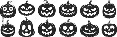 Halloween pumpkin faces, spooky jack-o'-lantern silhouettes, scary carved pumpkin vector, cartoon pumpkin clipart, creepy Halloween graphic illustration, horror emoji art flat vector illustration
