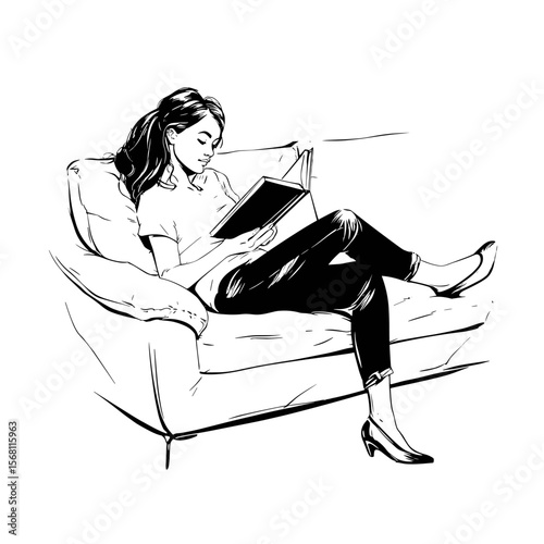 vector drawing girl reading a book on the couch .Generative AI