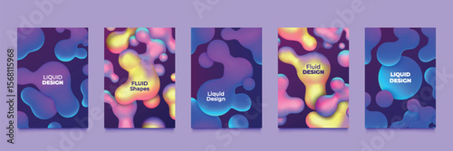 3d liquid shapes. Fluid bubble ball, abstract blob poster with floating paint gradient. Color art flowing blot. Futuristic minimal trendy art design. Notebook cover. Vector backgrounds