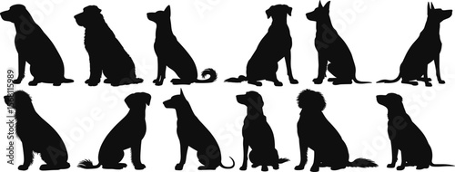 Dog silhouette sitting pose, pet clipart illustration, domestic canine graphic, loyal dog figure, animal vector, obedient pup silhouette drawing flat vector illustration