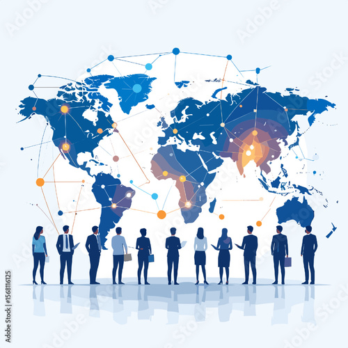 Business Team Silhouette Standing Before World Map with Global Network Connections on White Background