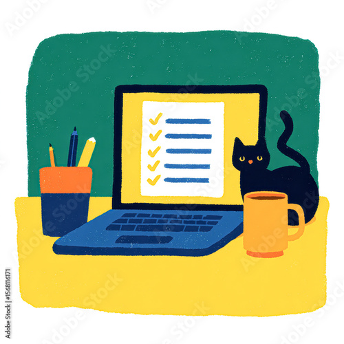 A cozy workspace with a laptop showing a checklist, a black cat, a coffee mug, and a pencil holder with writing tools on a yellow desk.