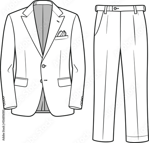 Men formal suit sketch, line art blazer with trousers, fashion flat technical drawing, vector clothing template, minimalist outfit design flat vector illustration