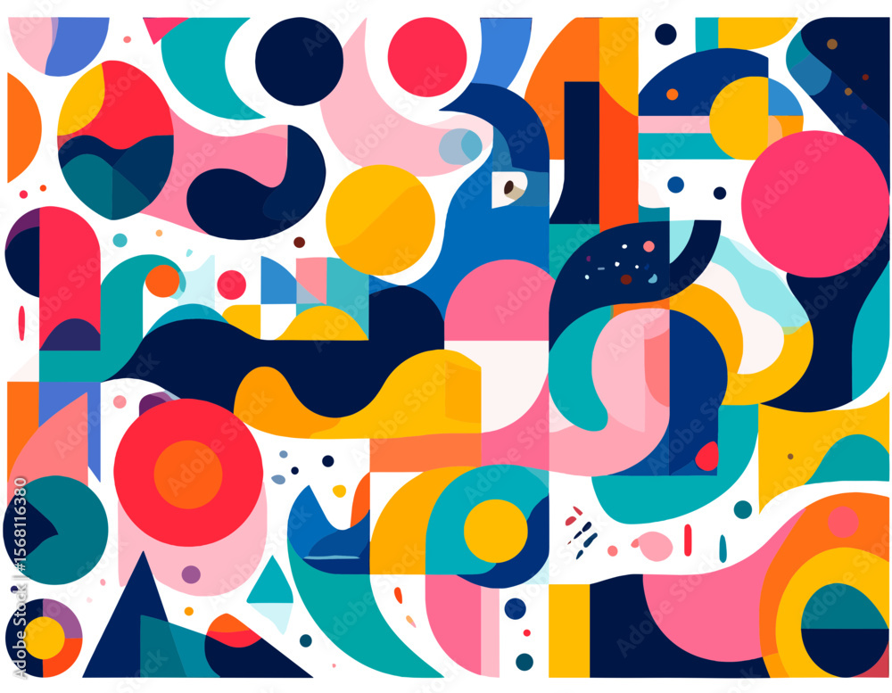 Fototapeta premium Colorful Abstract Geometric Pattern with Bold Shapes on White Background for Modern Art Style