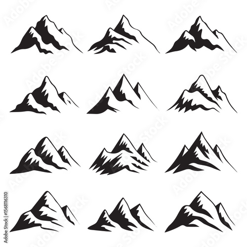 Black mountain peaks silhouette collection white