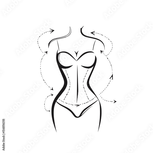 vector girl takes measurements of her figure with black lines on white background .Generative AI