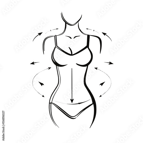 vector girl takes measurements of her figure with black lines on white background .Generative AI