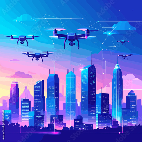 Cityscape With Flying Drones in Blue and Purple Sky Sunset Evening Futuristic Urban Landscape High Tech City With Drones