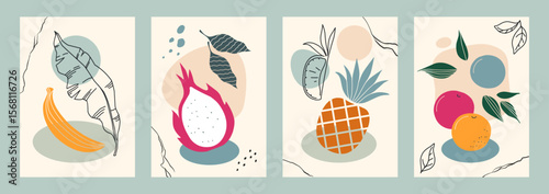 Abstract fruit posters. Banana and pineapple, fresh oranges and exotic dragon fruit. Floral background with jungle leaves. Contemporary botanical wall art. Vector cartoon illustration