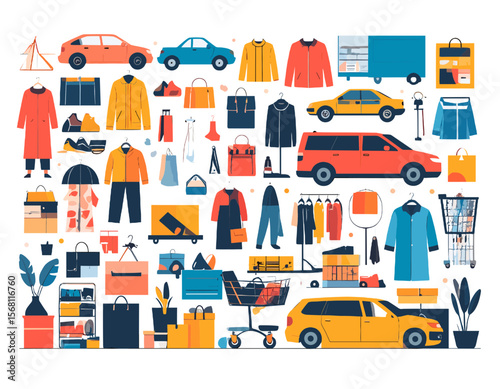 Colorful Collection of Cars Clothing and Furniture for Retail on White Background Modern Flat Vector Design